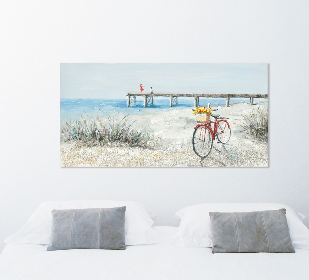 Schilderij strand met fiets 70x140 