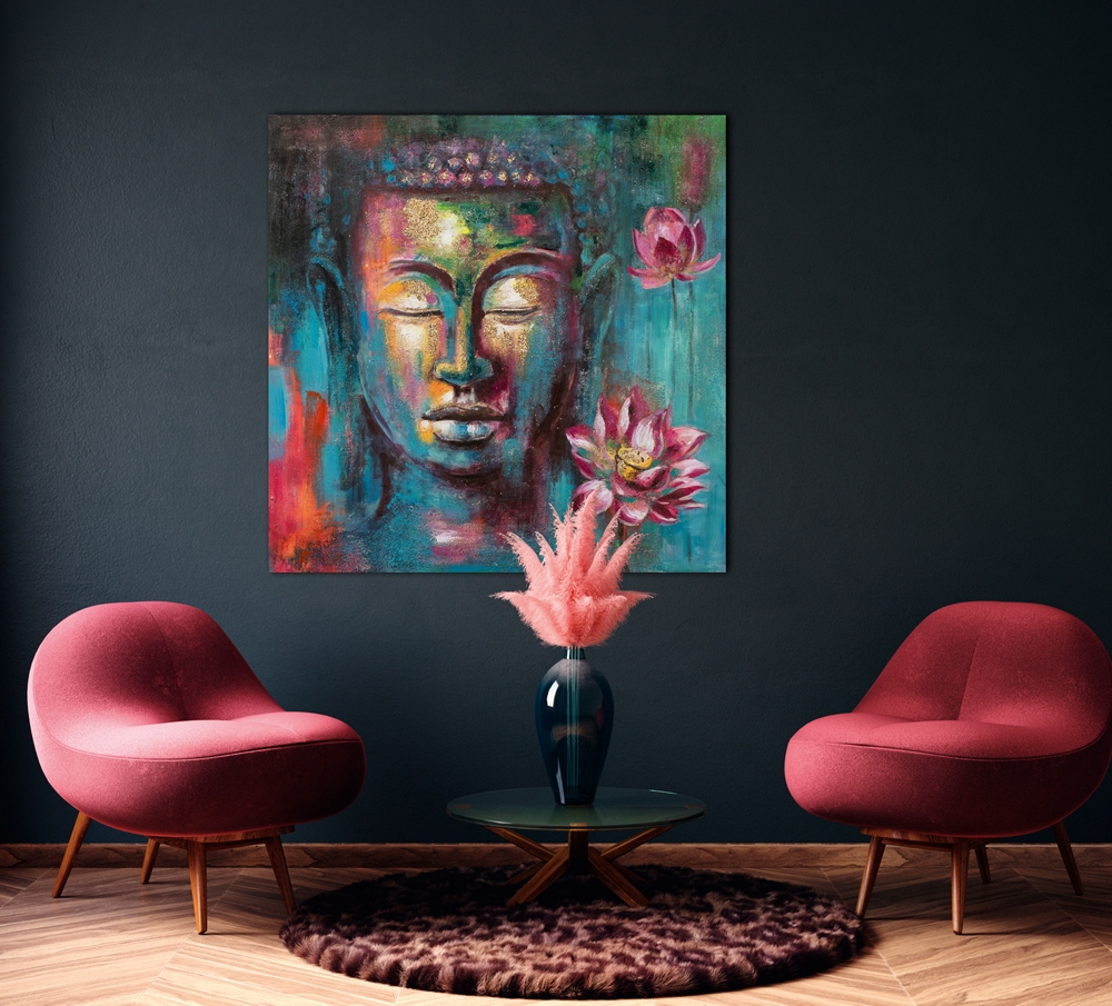 Schilderij fleurige Boeddha 100x100