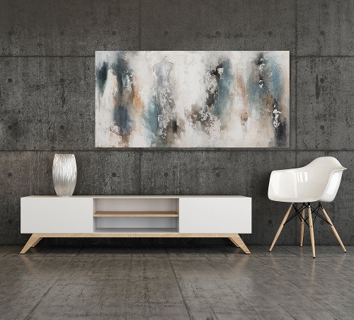 Abstracte schildering met subtiele grijstinten, bruin en azuurblauw, gemengd met textuureffecten en organische vormen.