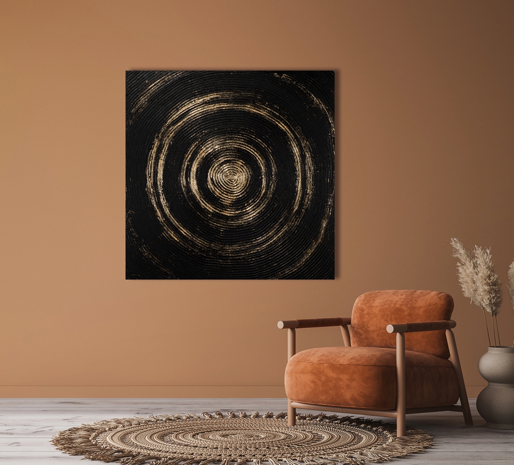 Schilderij cirkel gold black 100x100