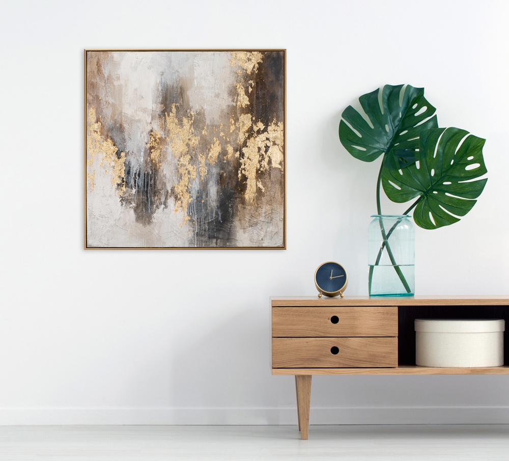 Abstracte schildering met grijze, gouden en bruine kleuren, met glanzende gouden accenten en een textuurrijke afwerking.