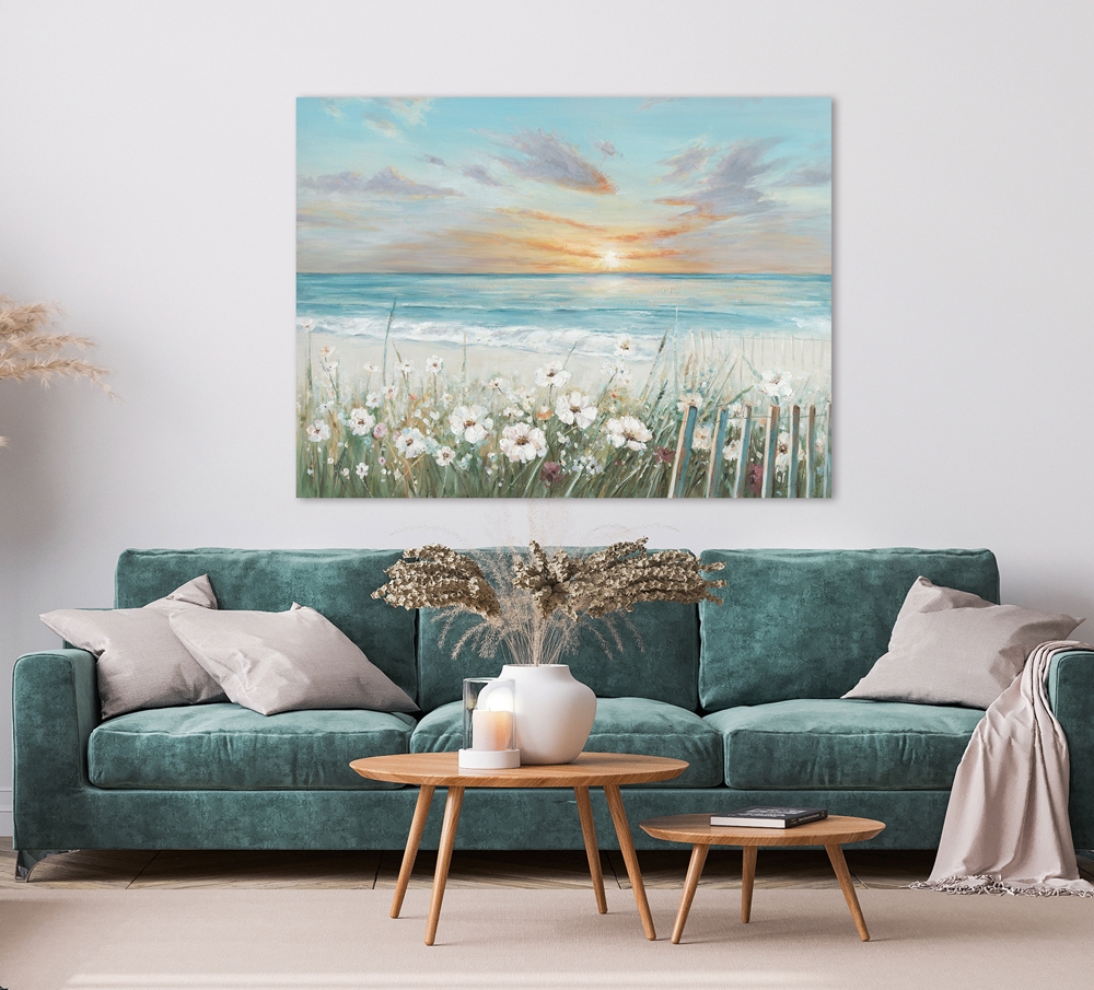 Schilderij bloemen aan strand 90x120