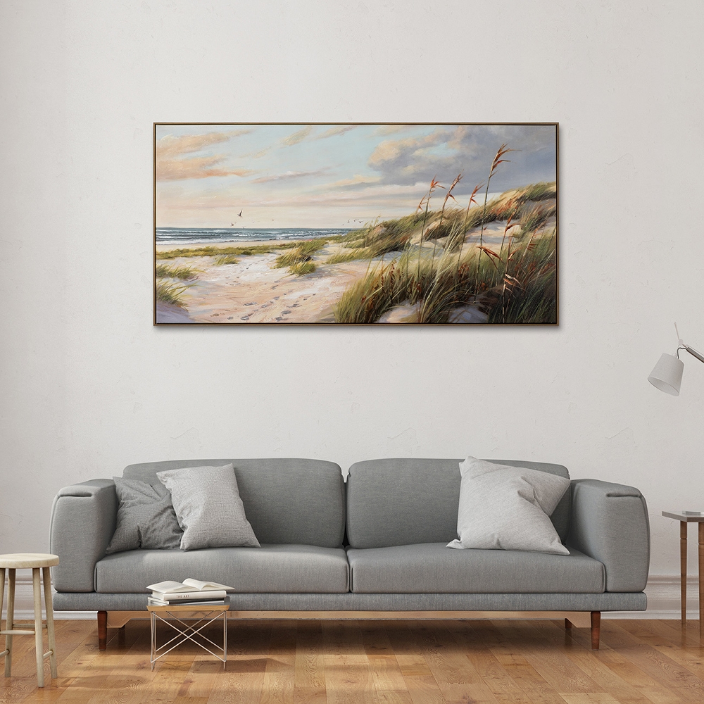 Schilderij strand en duinen met lijst 70x140