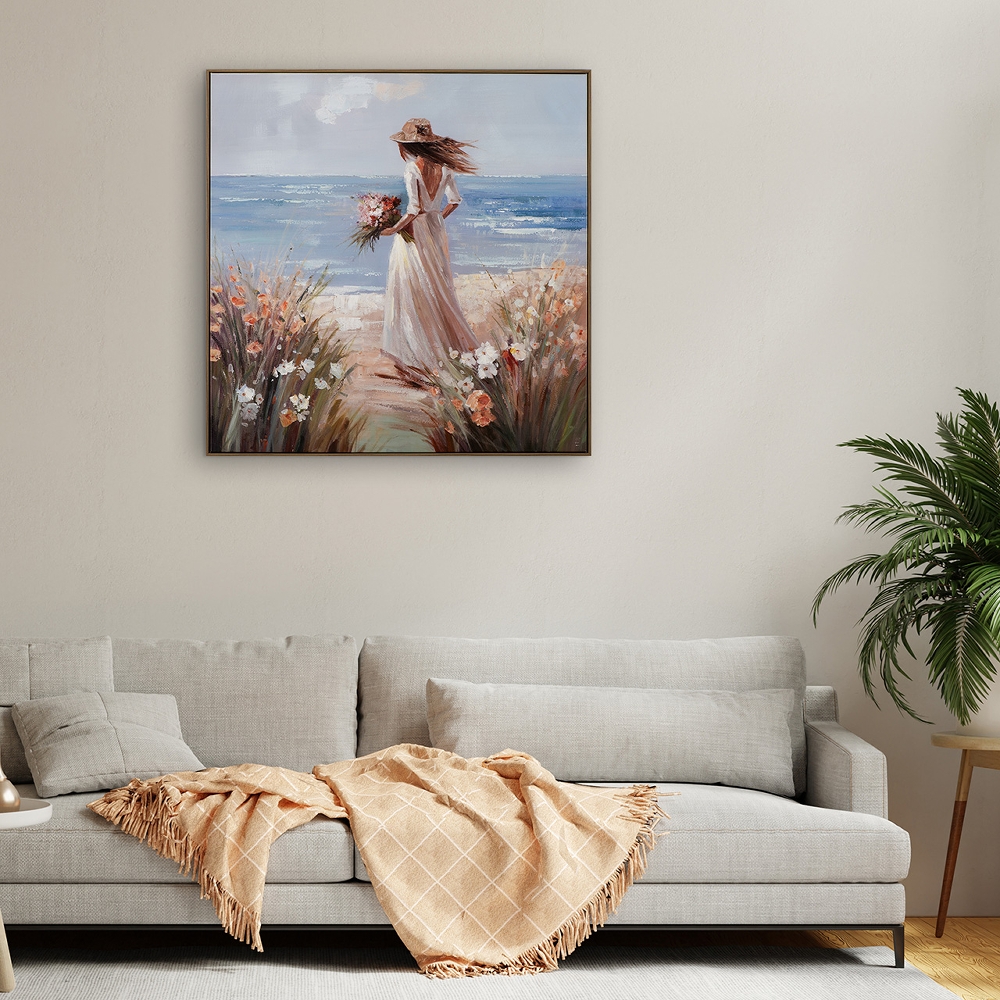 Schilderij vrouw aan strand met lijst 100x100