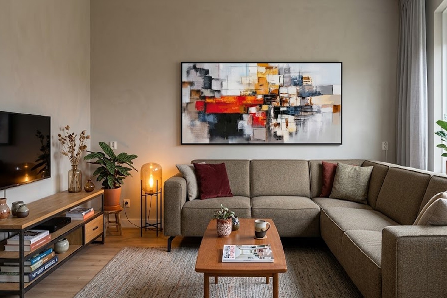 Schilderij abstract met lijst 70x140