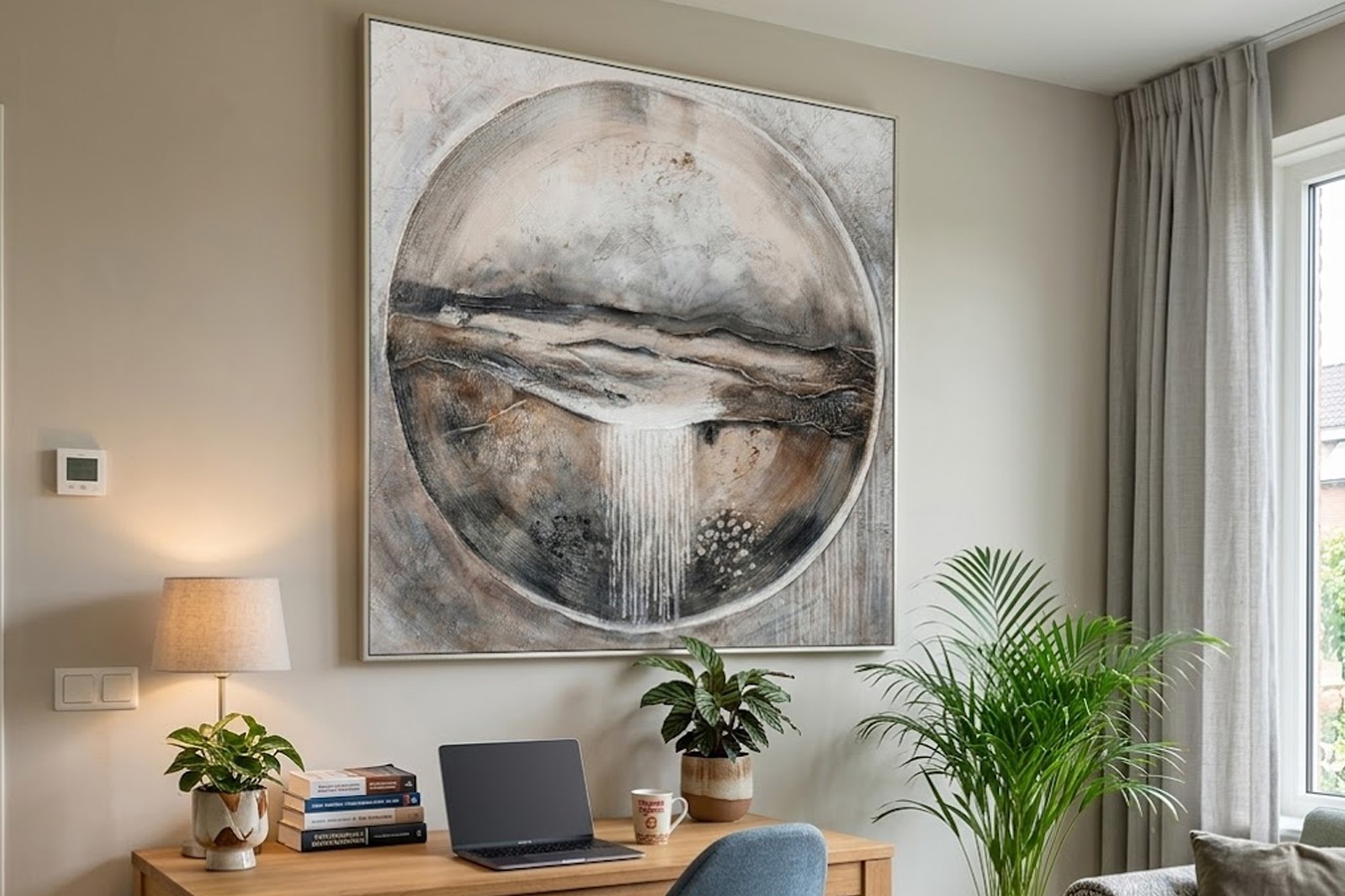 Schilderij abstract cirkel aardetint 100x100