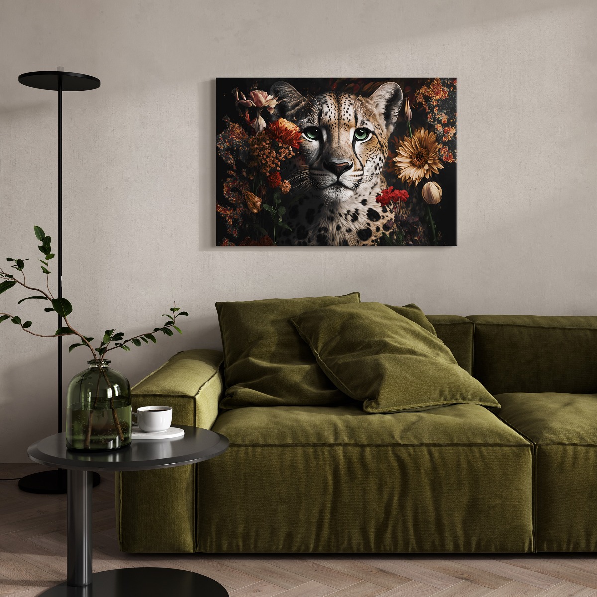Panter met bloemen op canvas 70x100 