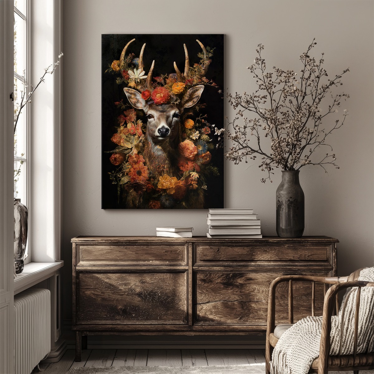 Hert met bloemen op canvas 70x100 