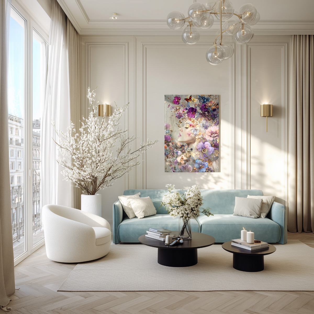 Beauty with flowers and butterflies op canvas 70x100 