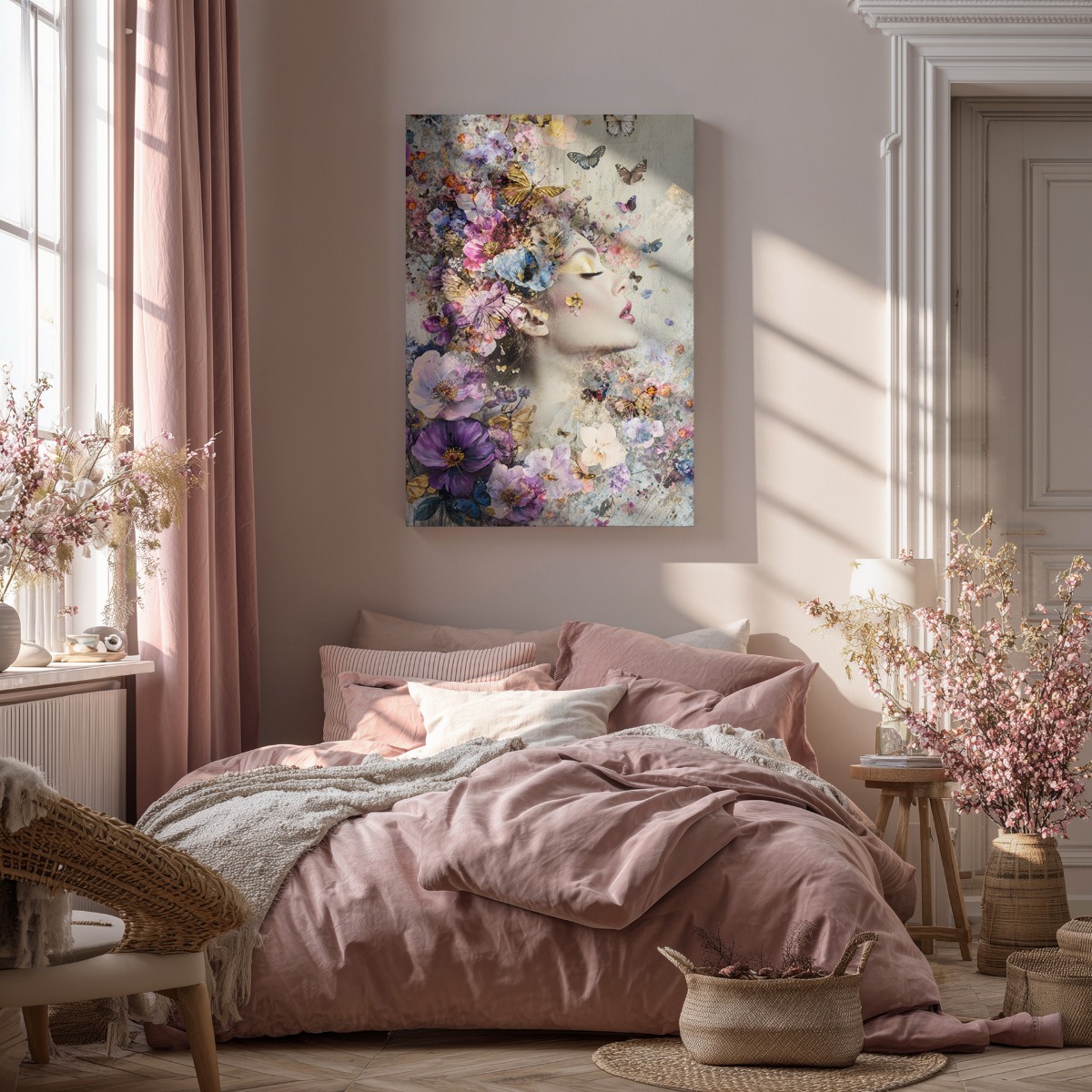 Beauty with flowers and butterflies II op canvas 70x100 