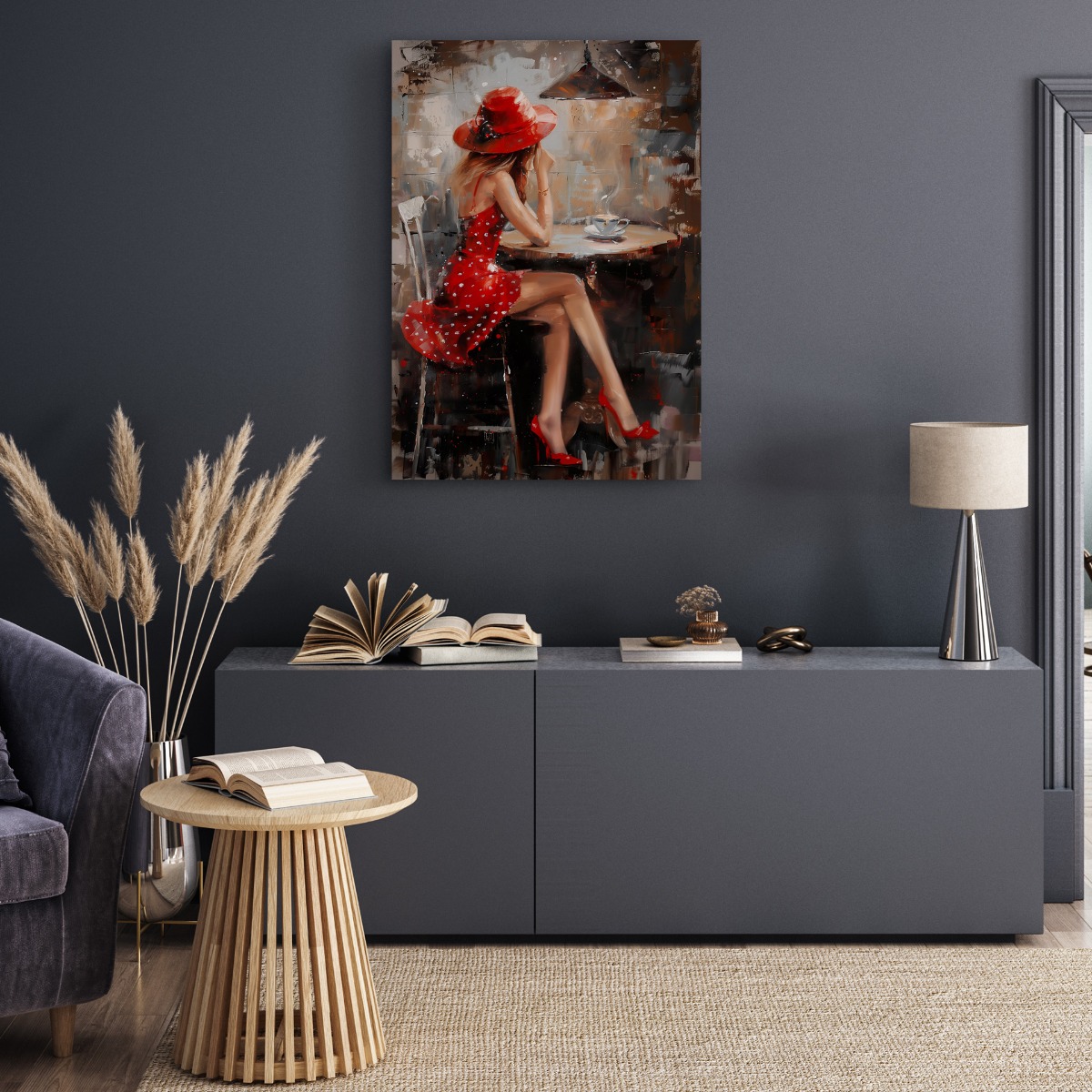vrouw in cafe op canvas 70x100 