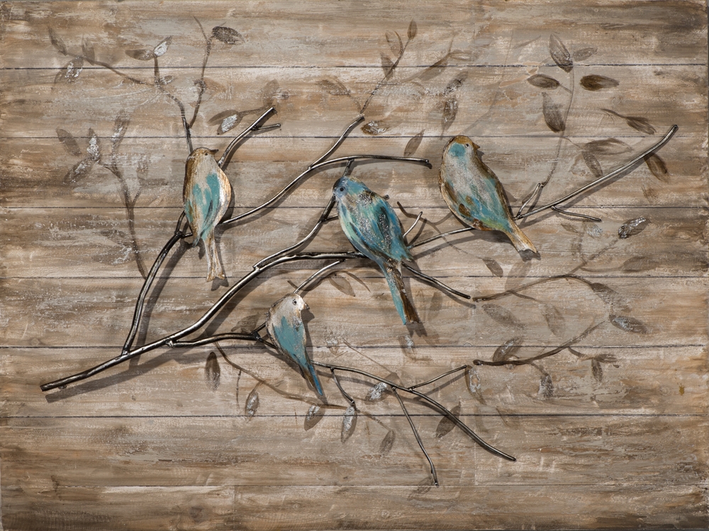 Portret kleurstof fossiel Schilderij metalen boom met vogels op hout 60x80 ilxe2182 - Schilderijenshop