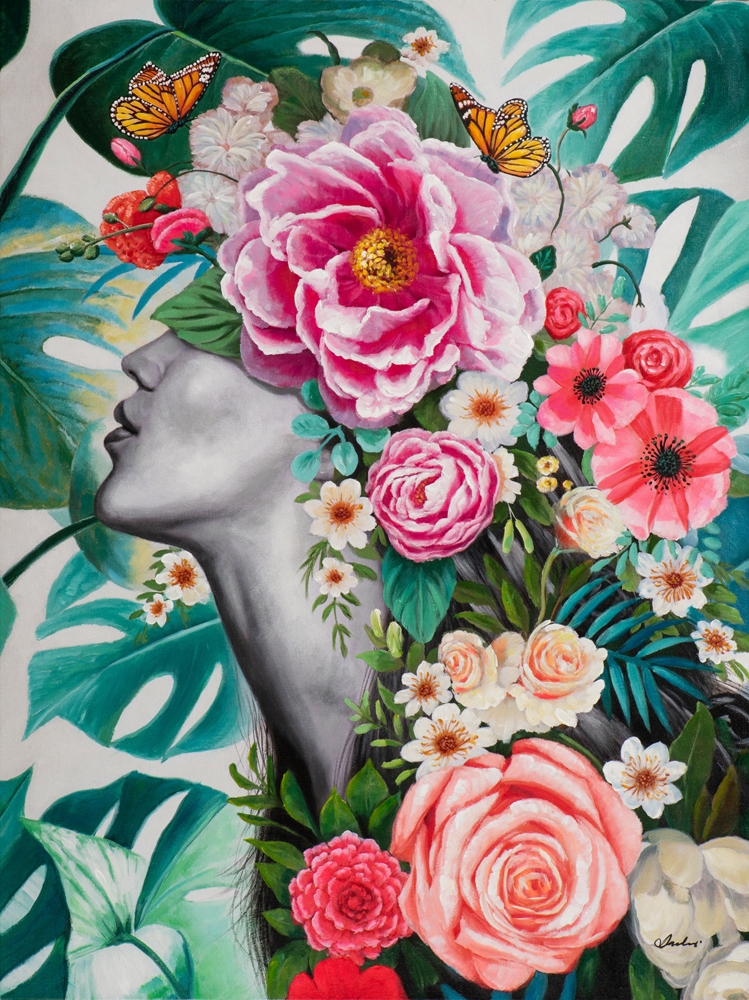Schilderij vrouw met bloemen 90x120 