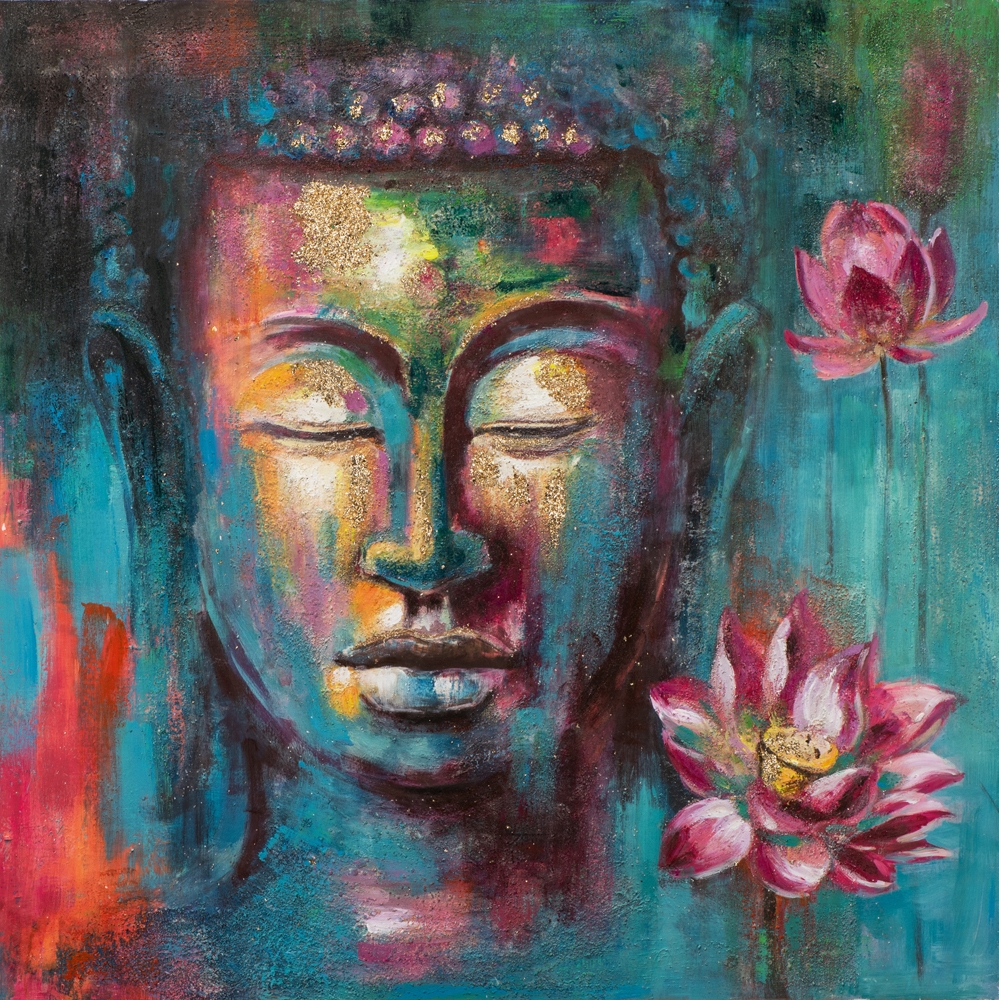 Schilderij fleurige Boeddha 100x100