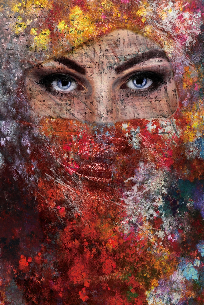 Vrouw met kleurrijke sluier op glas 80x120