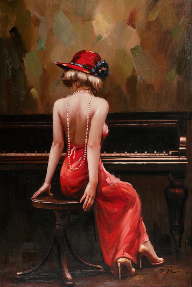 Schilderij vrouw met piano 80x120