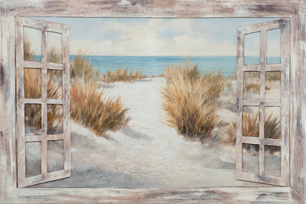Schilderij strand door raam 80x120