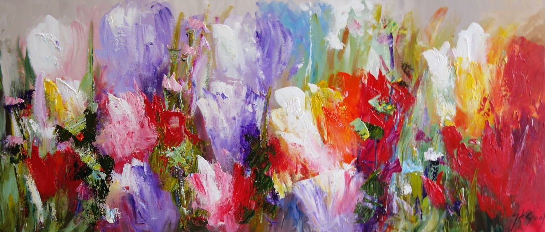 Schilderij kleurrijk bloemenveld 70x160