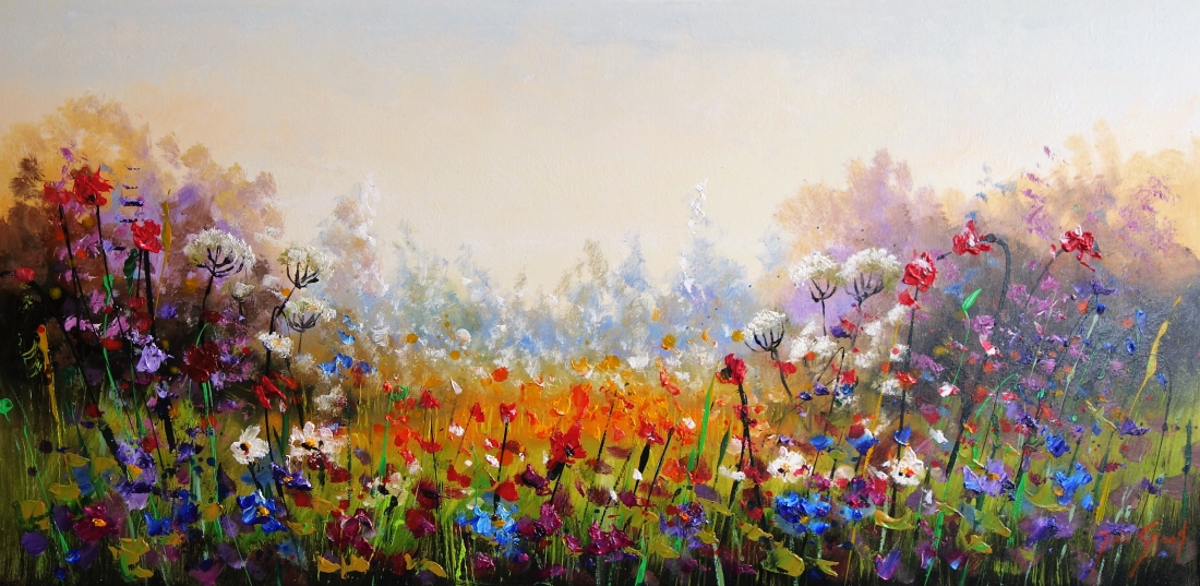 Schilderij kleurrijk bloemenveld 70x140