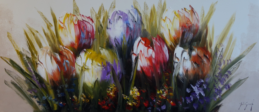 Schilderij kleurrijke tulpen 70x160