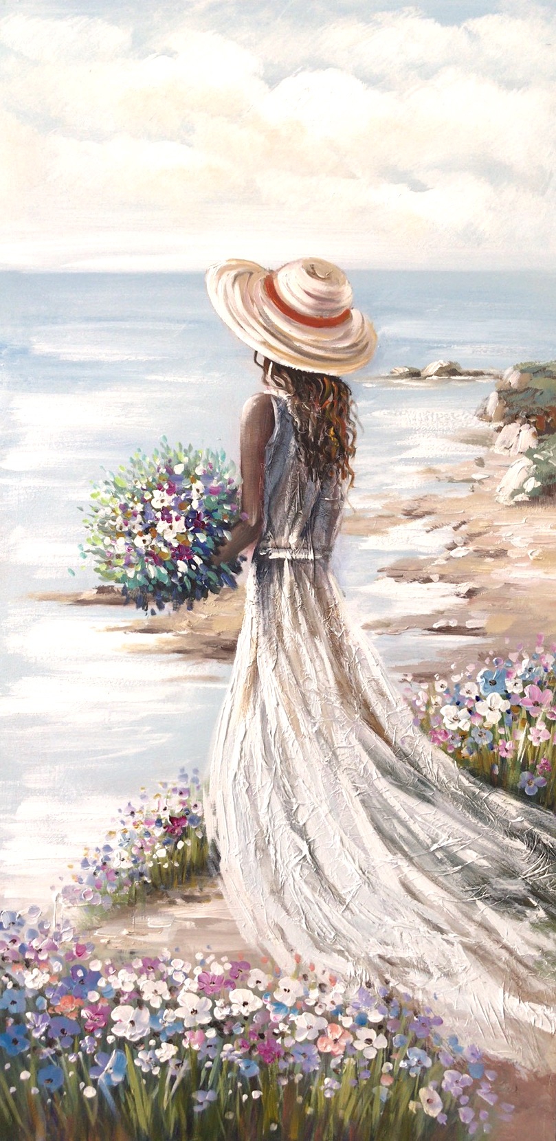 Schilderij vrouw aan strand 70x140