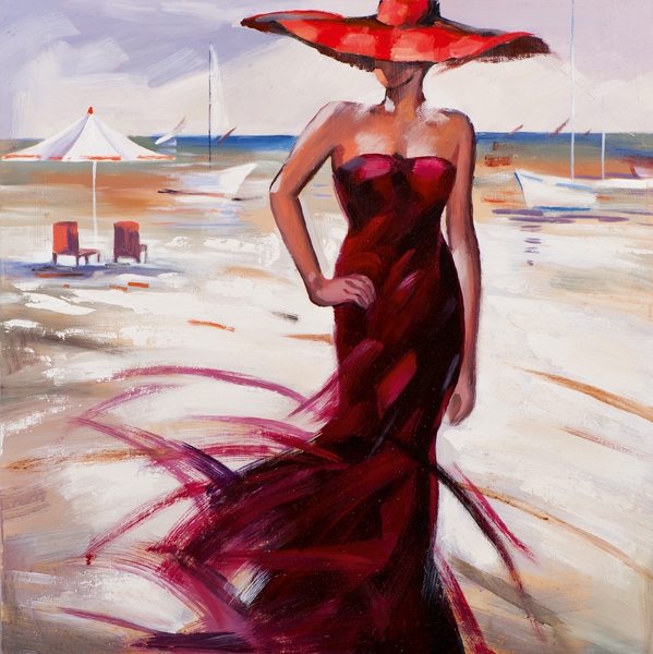 Schilderij vrouw aan strand 100x100
