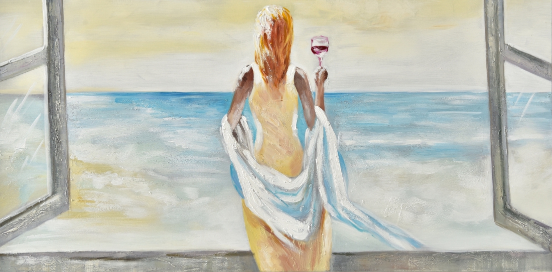 Schilderij vrouw aan strand 70x140