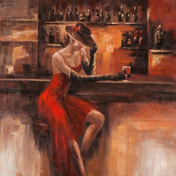 schilderij vrouw aan bar 100x100