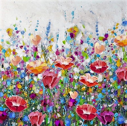 Schilderij kleurrijk bloemenveld 100x100