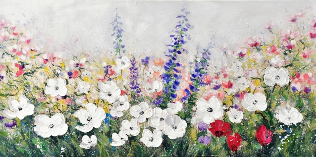 Schilderij bloemenveld 70x140