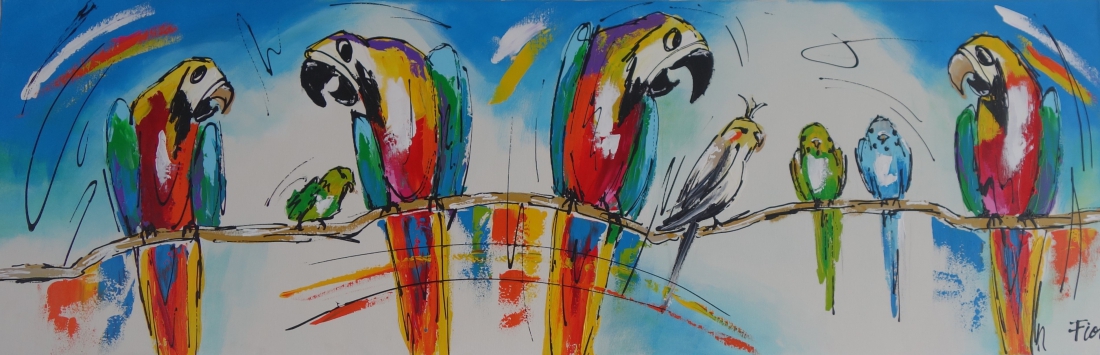 Schilderij papegaaien 50x150