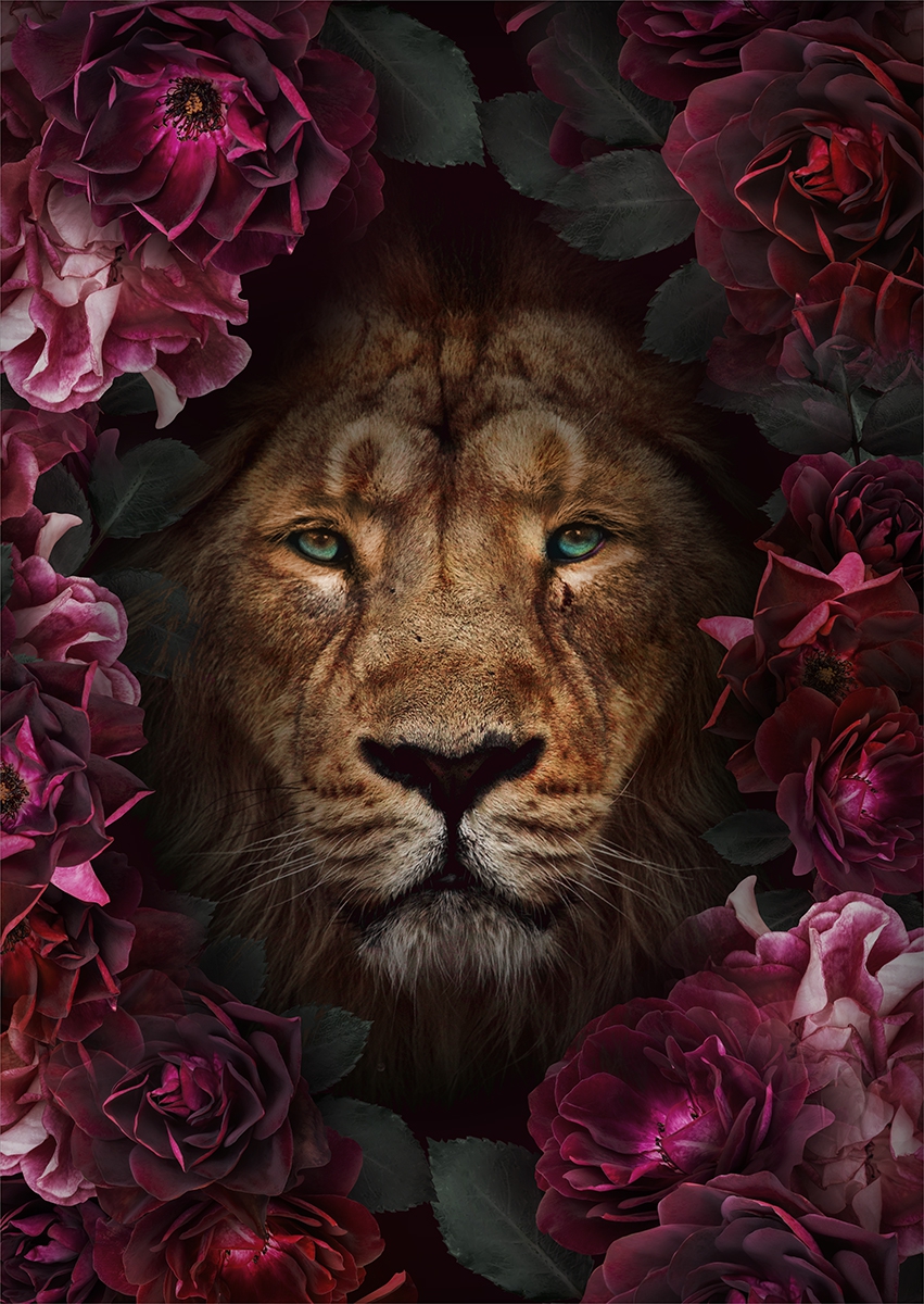 Floral lion op glas 70x100
