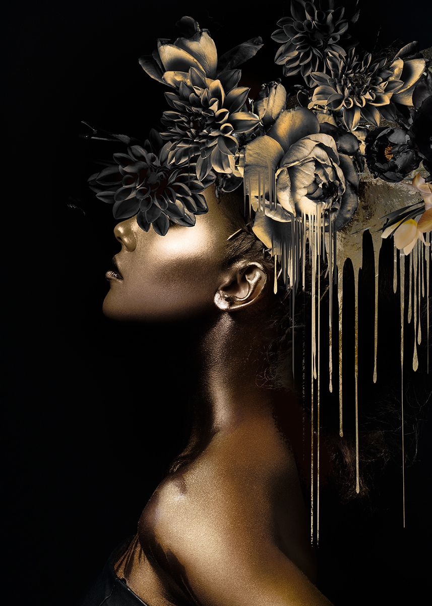 Black gold woman II op glas 70x100
