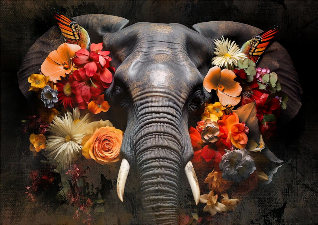 Elephant with flowers op glas 70x100