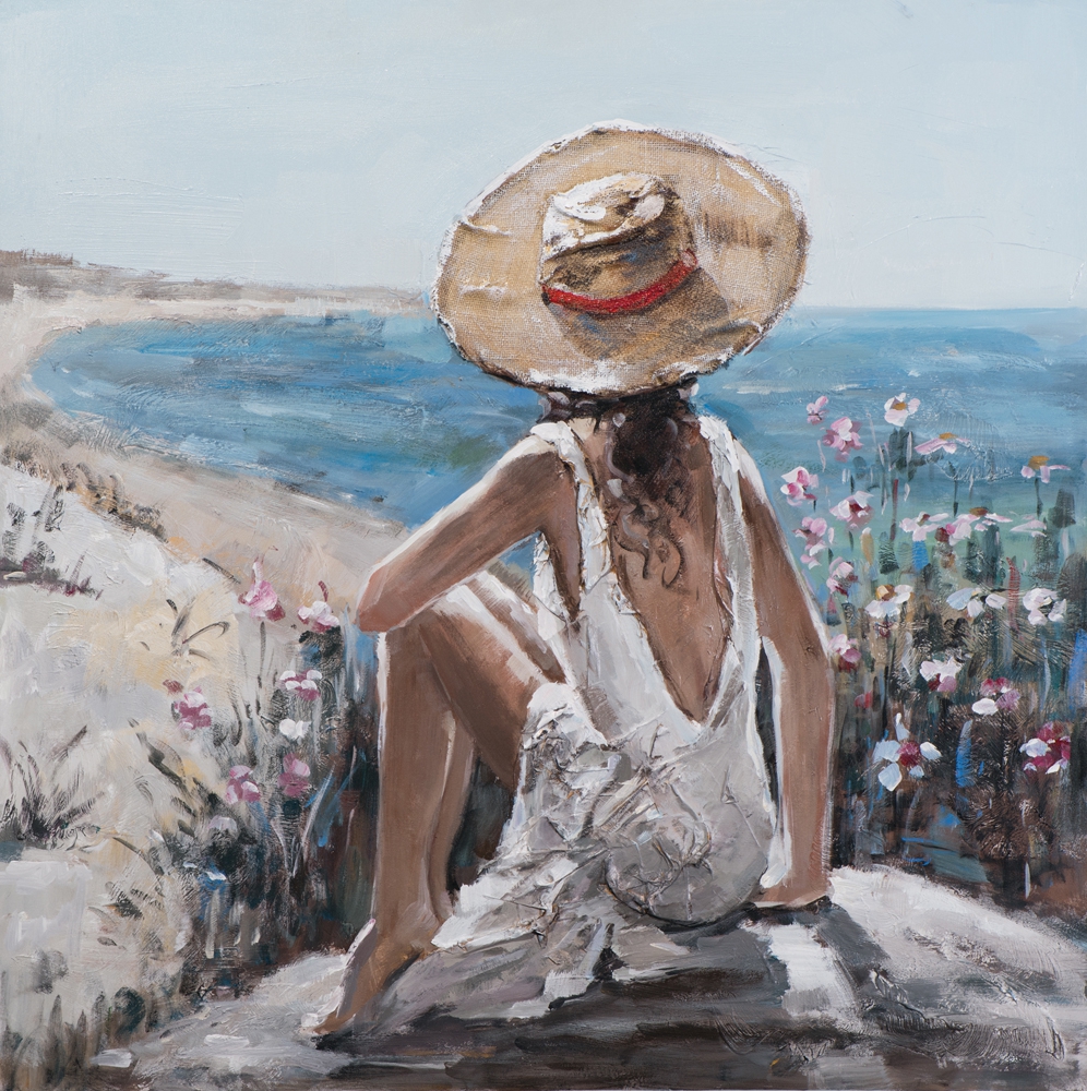 schilderij vrouw aan strand 100x100