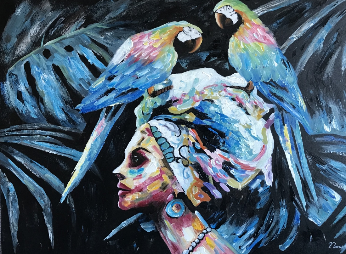 Schilderij vrouw met papegaai 74x100