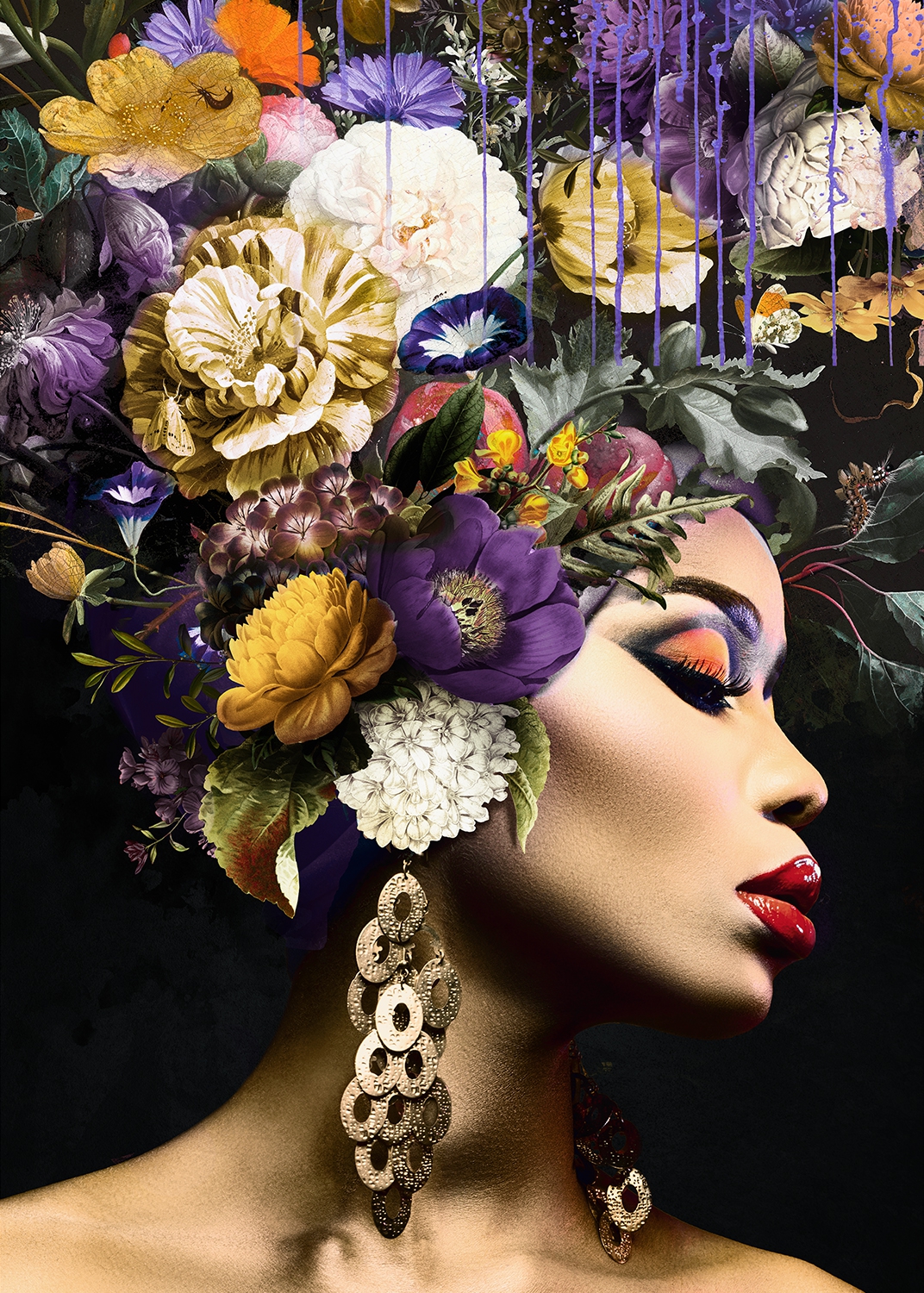 Fotokunst woman with flowers purple 100x150