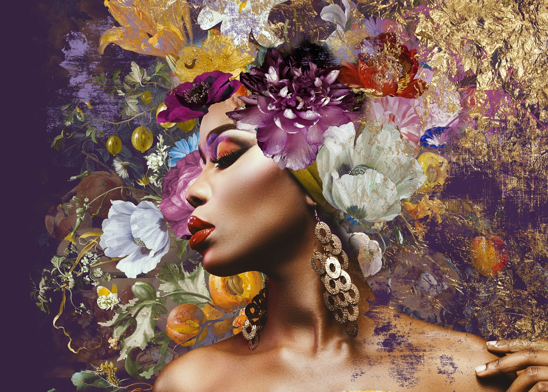 Fotokunst woman with flowers II purple 100x150