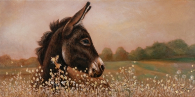 Schilderij ezel in bloemenveld 70x140