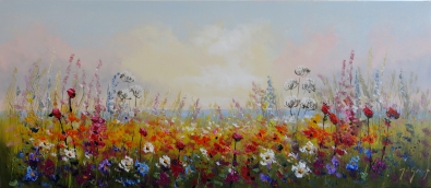Schilderij kleurrijk bloemenveld 70x160