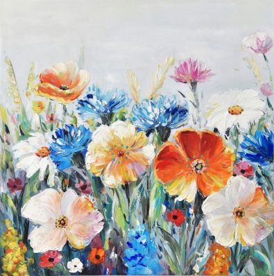 Schilderij kleurrijk bloemenveld 100x100