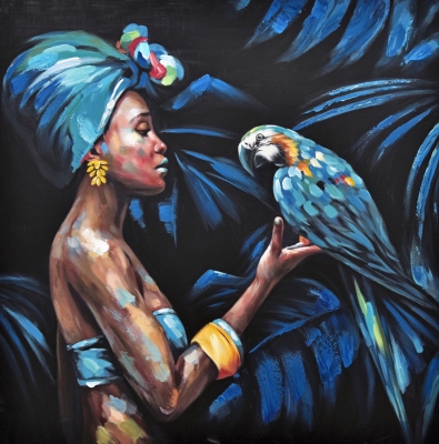 Schilderij vrouw met papegaai 100x100