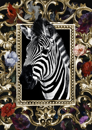 Zebra with flowers op glas 70x100