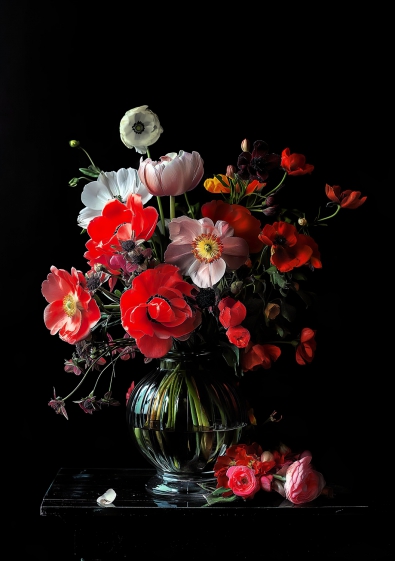 Bloemen in vaas op glas 70x100