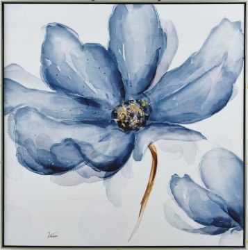 Zachte aquarel van een grote, lichtblauwe bloem met gouden kern, tegen een witte achtergrond. Elegant en verfijnd.