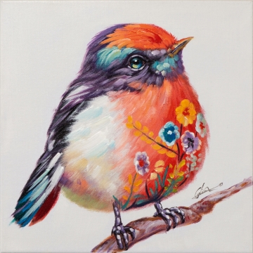 Een kleurrijke vogel met een oranje en paars verenkleed, versierd met bloemenprint, zittend op een tak.