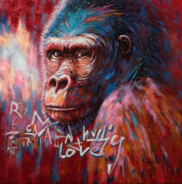 Een kleurrijke schilderij van een gorilla met opvallende blauwe en oranje accenten op een rode achtergrond, met tekst "love".