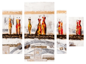 Kleurrijke abstracte schilderij van jurken in rood, geel en zwart, met creatieve texturen en een moderne, stijlvolle compositie.