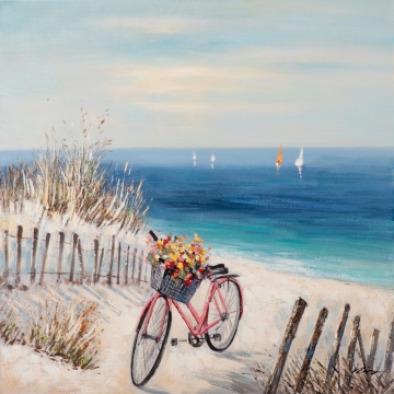 schilderij zeezicht met fiets 100x100