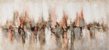 Abstracte schildering met een mix van aardetinten, roze en beige, met textuur en vlekken die diepte creëren.